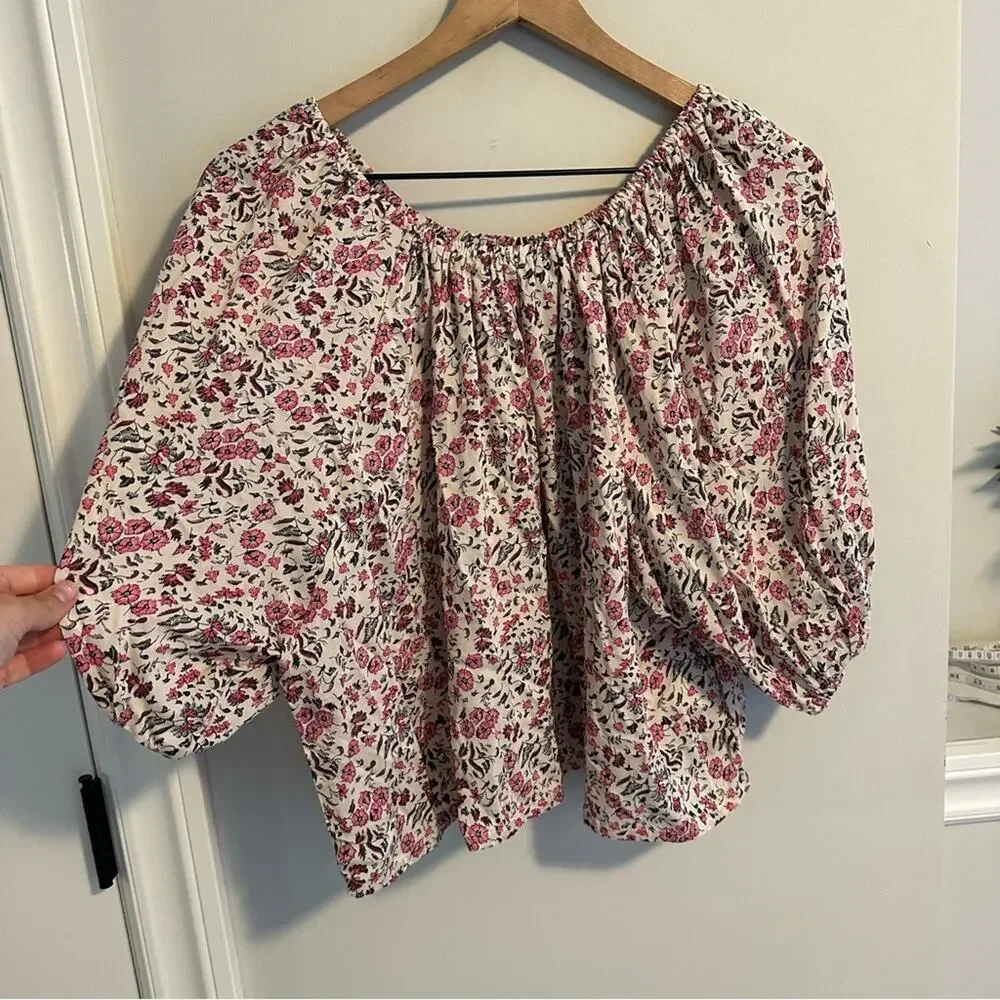 NWT Tuckernuck Natalie Martin White Pink Floral Short Sleeve Blouse Top XS